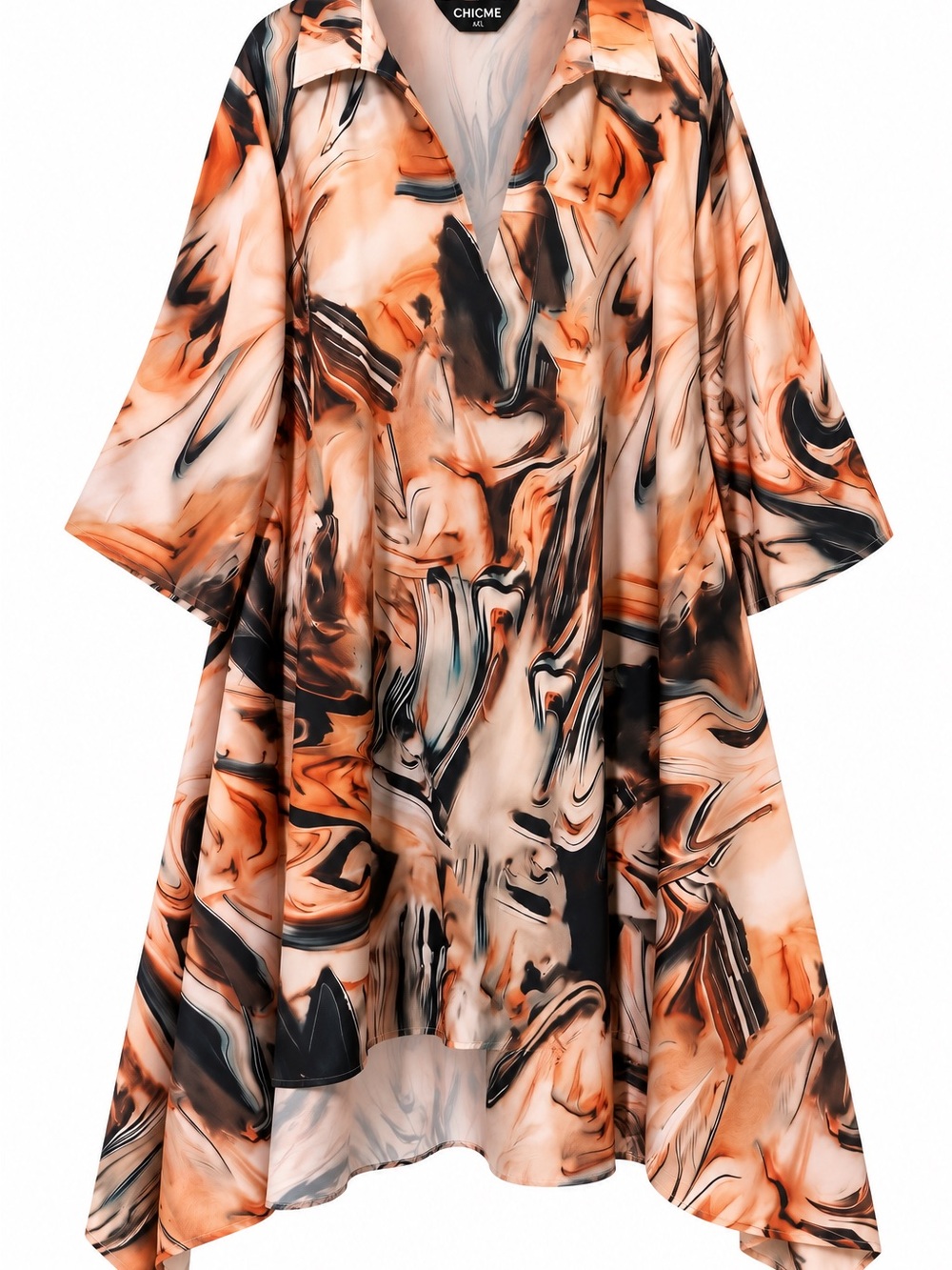 Chic Black and Orange Marble-Print High-Low Kimono - 4XL - Fits like a 3XL